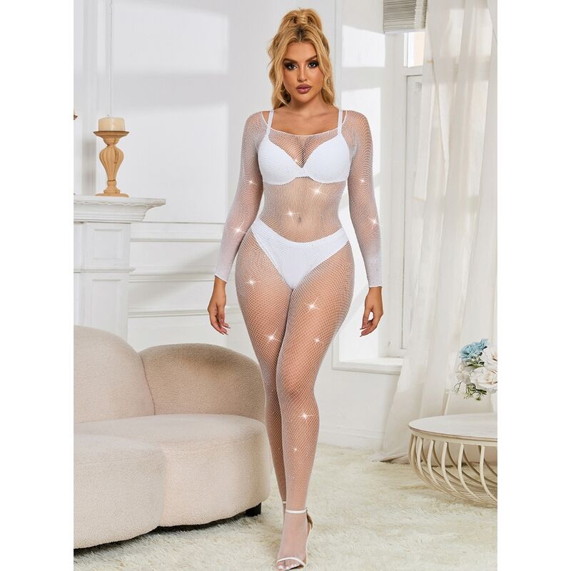 Bodystocking Résille Losanges Manches Longues Blanc Taille Unique - Subblime
