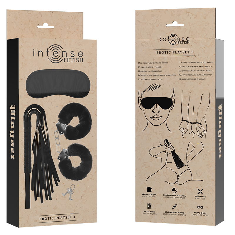 Coffret BDSM Fetish Playset 1 Menottes Masque Flogger Cuir Vegan - Intense