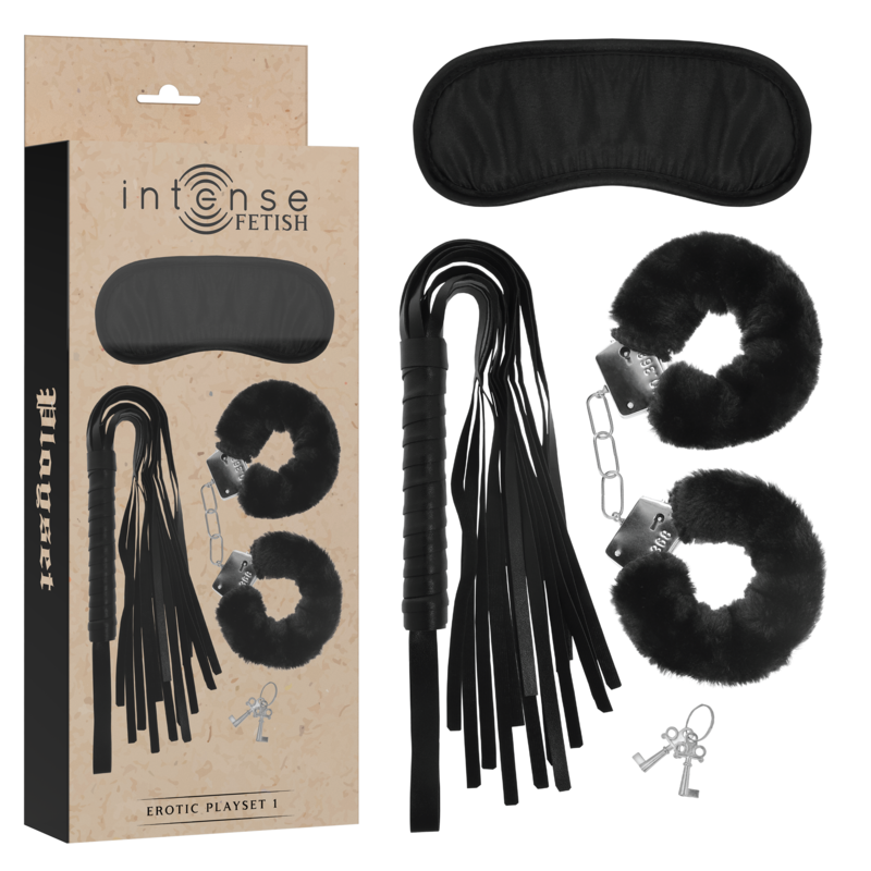 Coffret BDSM Fetish Playset 1 Menottes Masque Flogger Cuir Vegan - Intense