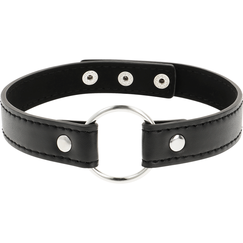 Collier BDSM Coquette en cuir vegan noir fermé, anneau métallique au centre