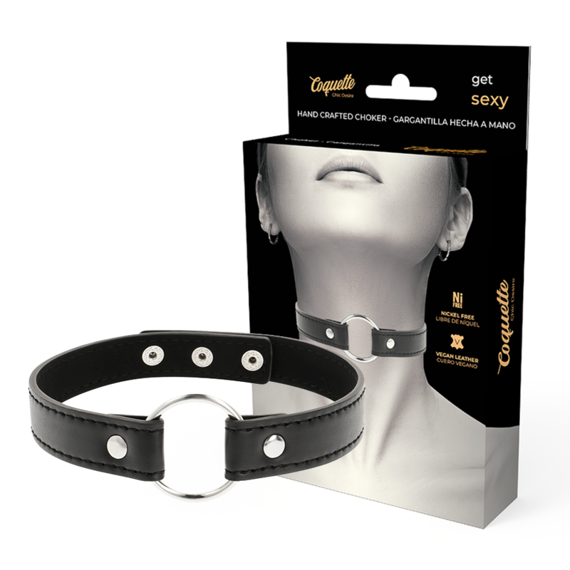 Collier Coquette en cuir vegan noir posé devant sa boîte Chic Desire