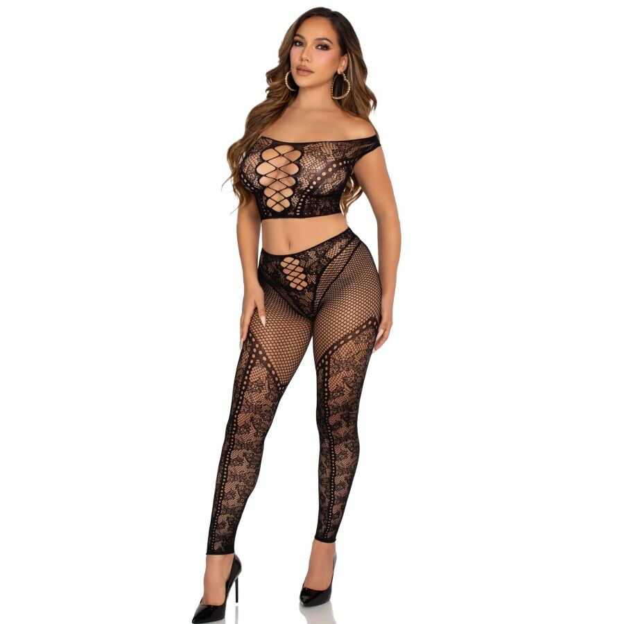 Ensemble Crop Top et Legging Résille Épaules Dénudées Noir - Leg Avenue