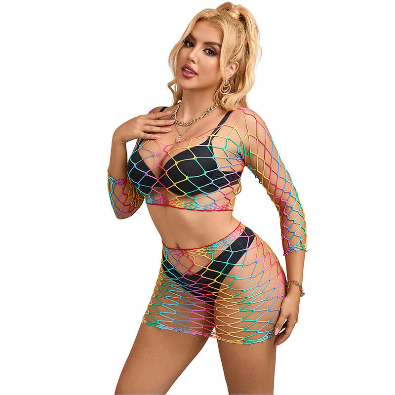 Ensemble Lingerie 2 Pièces Résille Manches Longues Arc-en-Ciel - Subblime