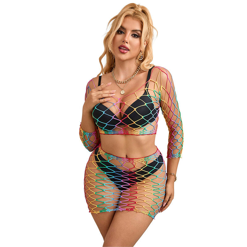 Ensemble Lingerie 2 Pièces Résille Manches Longues Arc-en-Ciel - Subblime