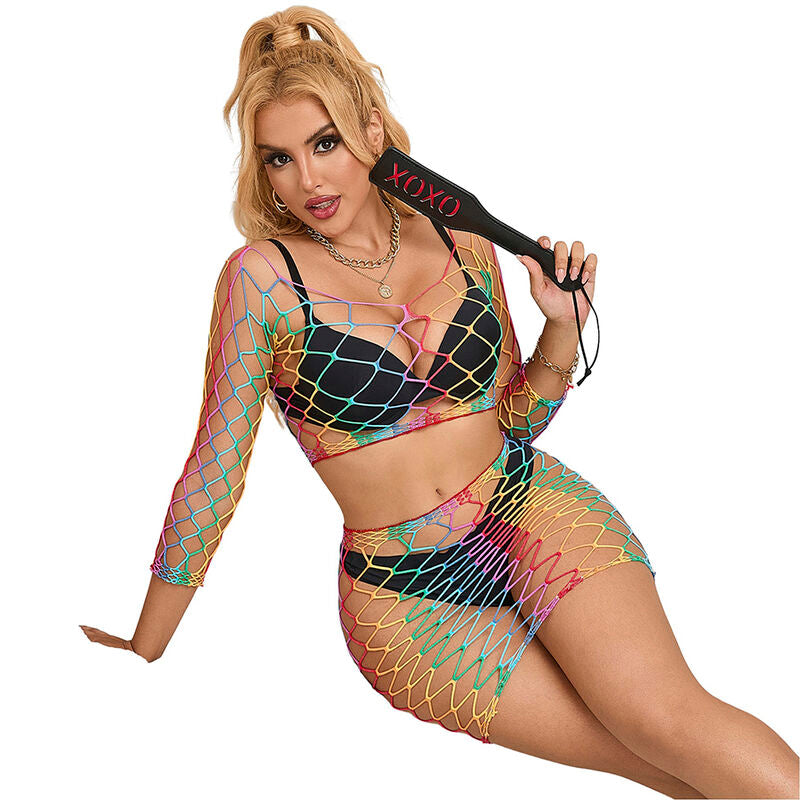 Ensemble Lingerie 2 Pièces Résille Manches Longues Arc-en-Ciel - Subblime