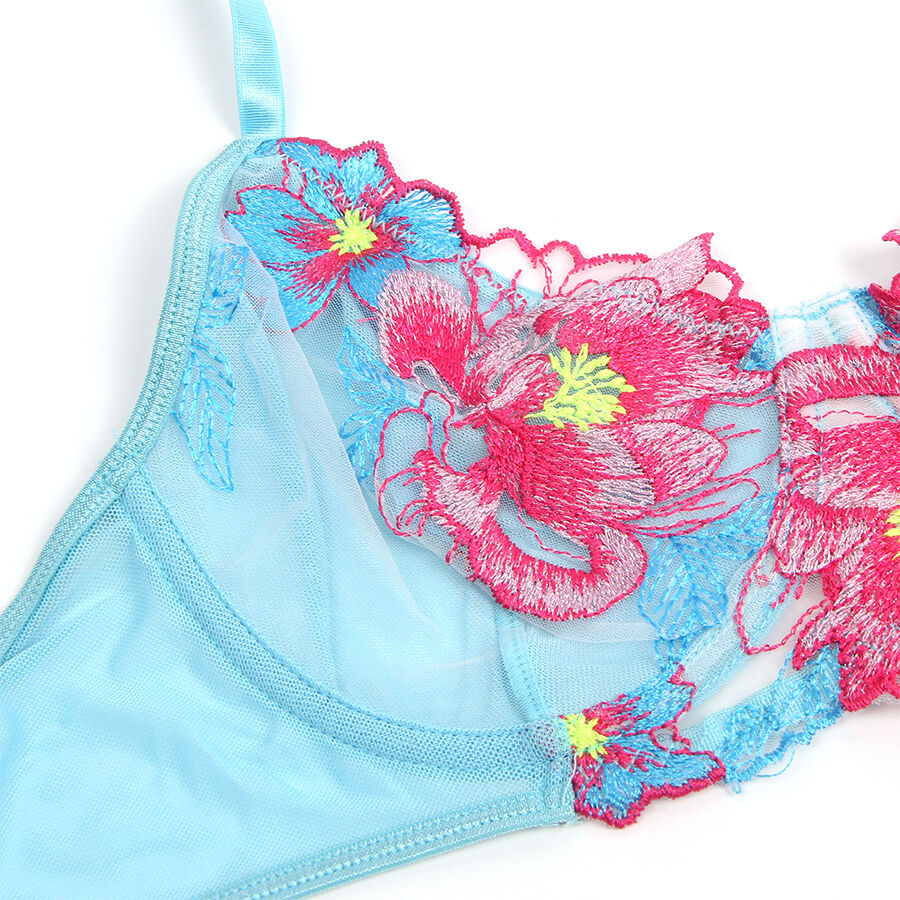 Ensemble Soutien-Gorge Porte-Jarretelles Brodé Fleurs Rose - Subblime