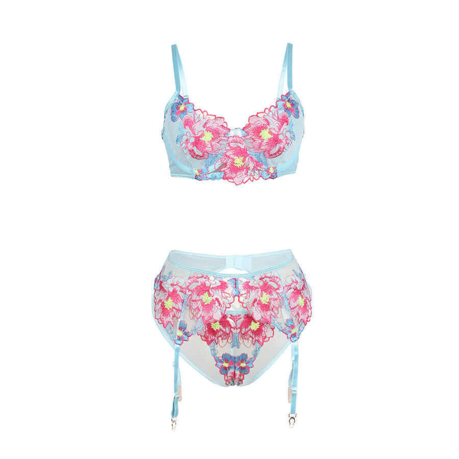 Ensemble Soutien-Gorge Porte-Jarretelles Brodé Fleurs Rose - Subblime