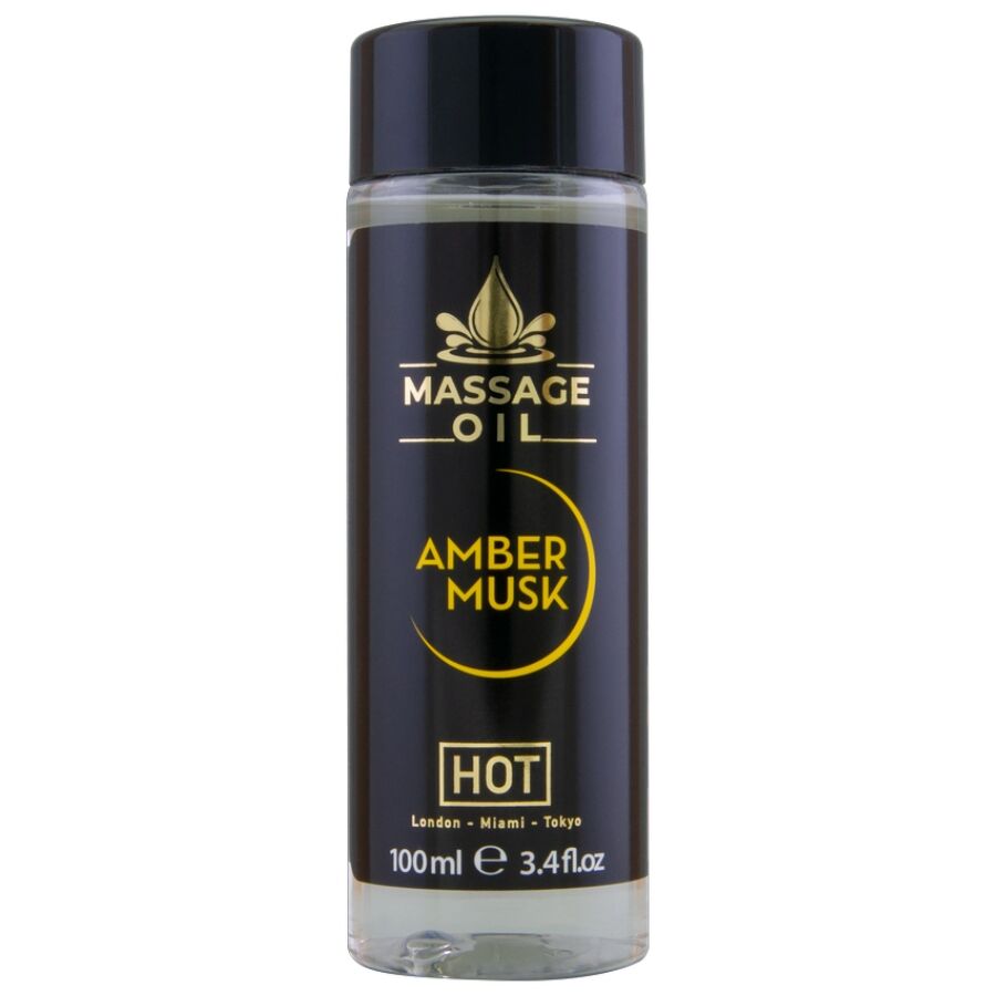 Flacon de 100 ml de l'huile de massage Hot ambre et musc vu de face