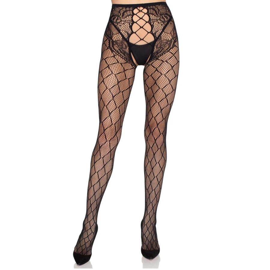 Collants Résille Sans Entrejambe 1966 Dentelle Taille Haute Noir - Leg Avenue
