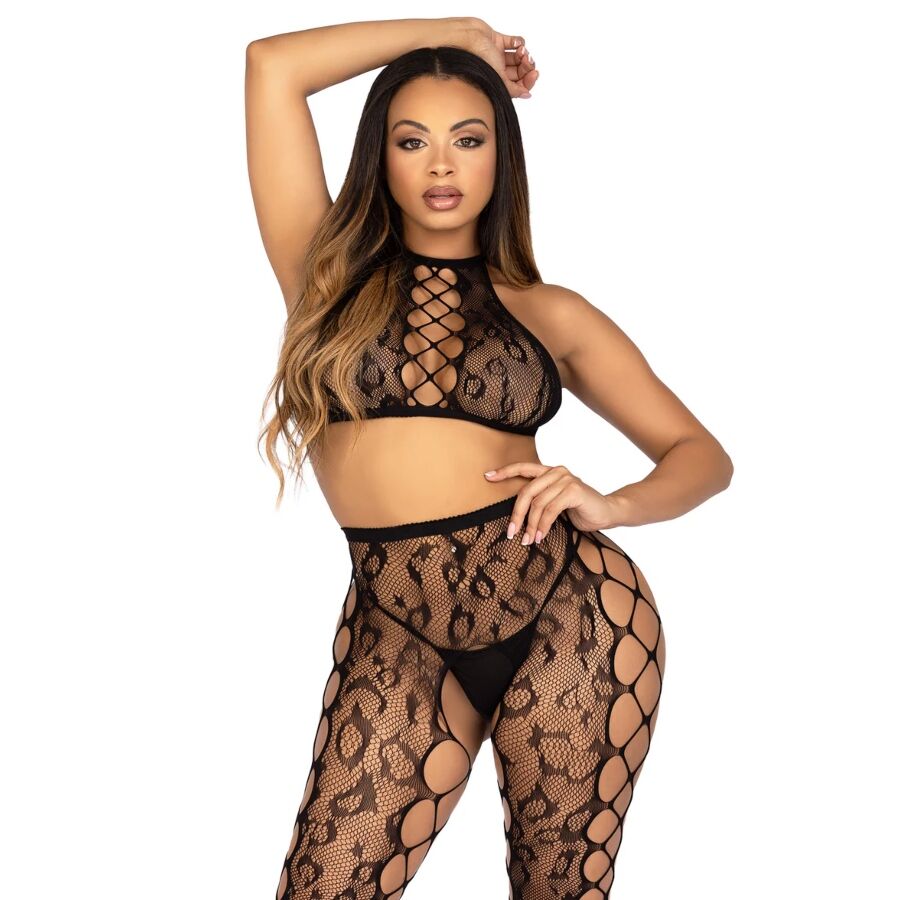 Ensemble Crop Top et Collants Sans Entrejambe Effet Léopard - Leg Avenue