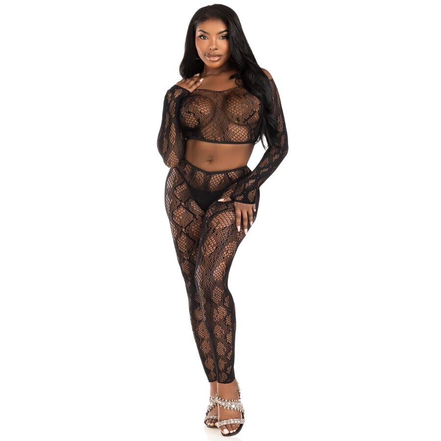 Ensemble Lingerie Crop Top et Legging Motif Python Résille Taille Unique - Leg Avenue