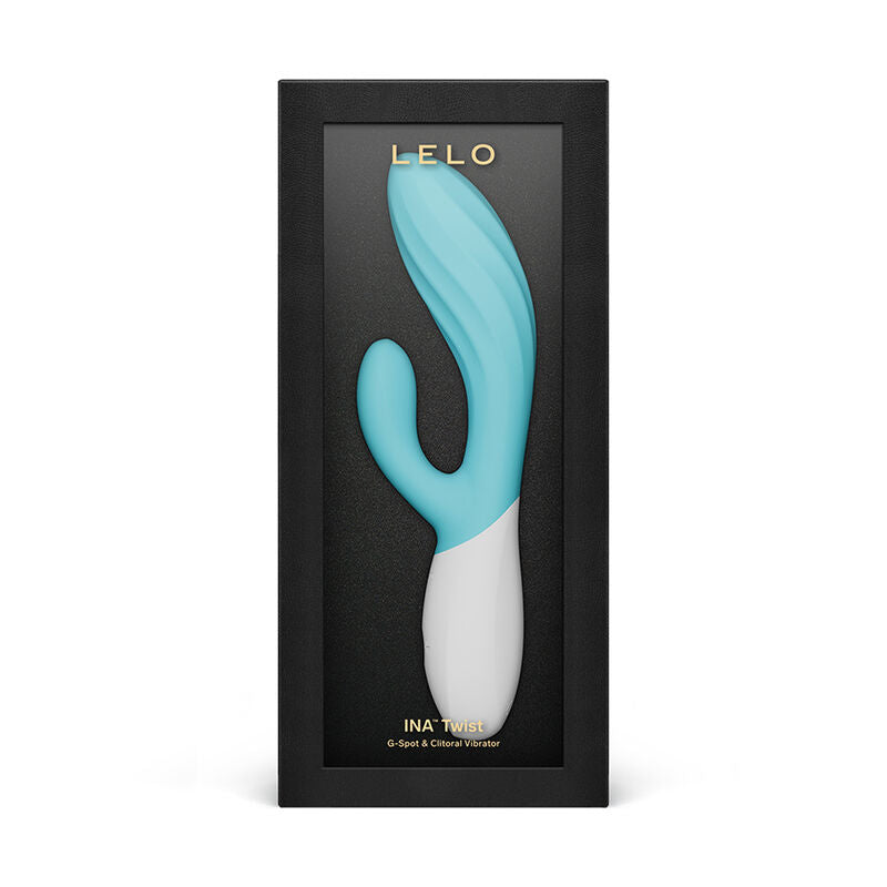 Vibromasseur rabbit Ina Twist bleu turquoise de Lelo présenté dans son écrin noir