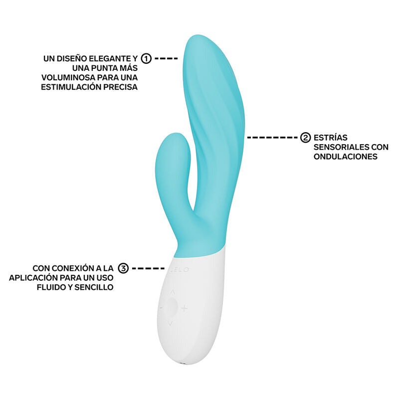 Rabbit Ina Twist bleu de Lelo annoté en espagnol : pointe, stries et application