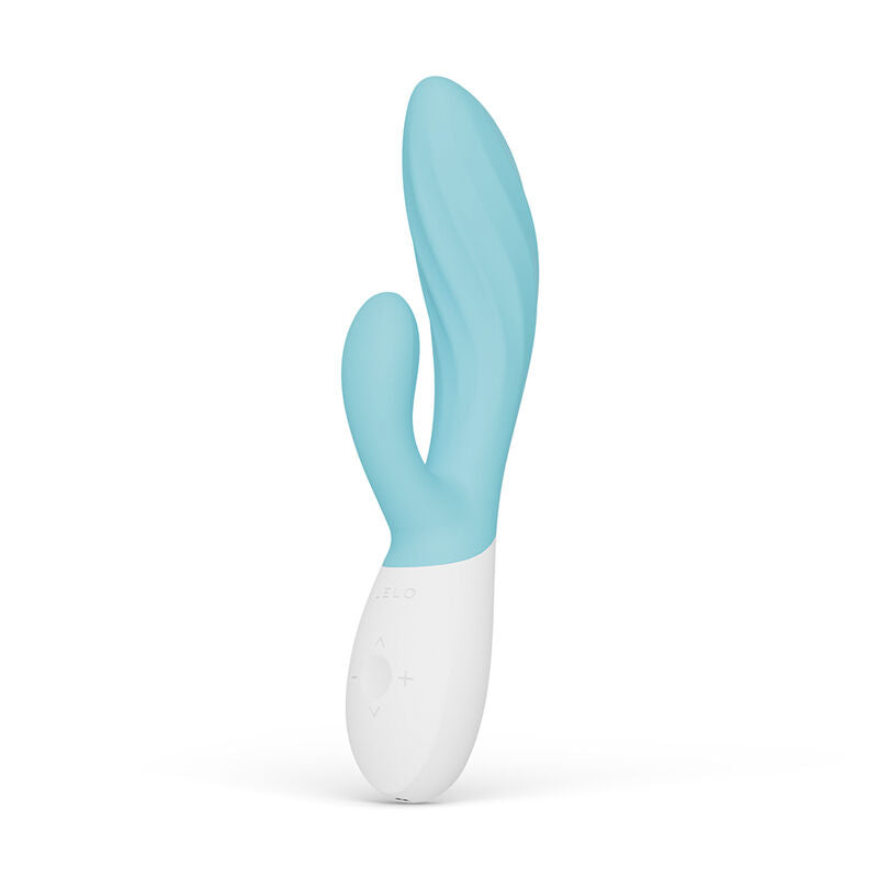 Ina Twist bleu de Lelo vu de trois quarts, stries ondulées et bras clitoridien