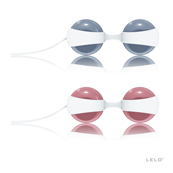 Deux paires de boules Luna Beads Mini Lelo bleues et roses dans leur support