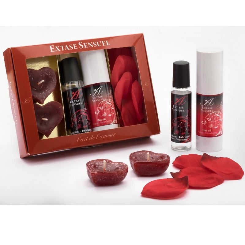 Coffret cadeau Tentation Rouge - Huile chauffante, gel fraise, pétales et bougies - Extase Sensual