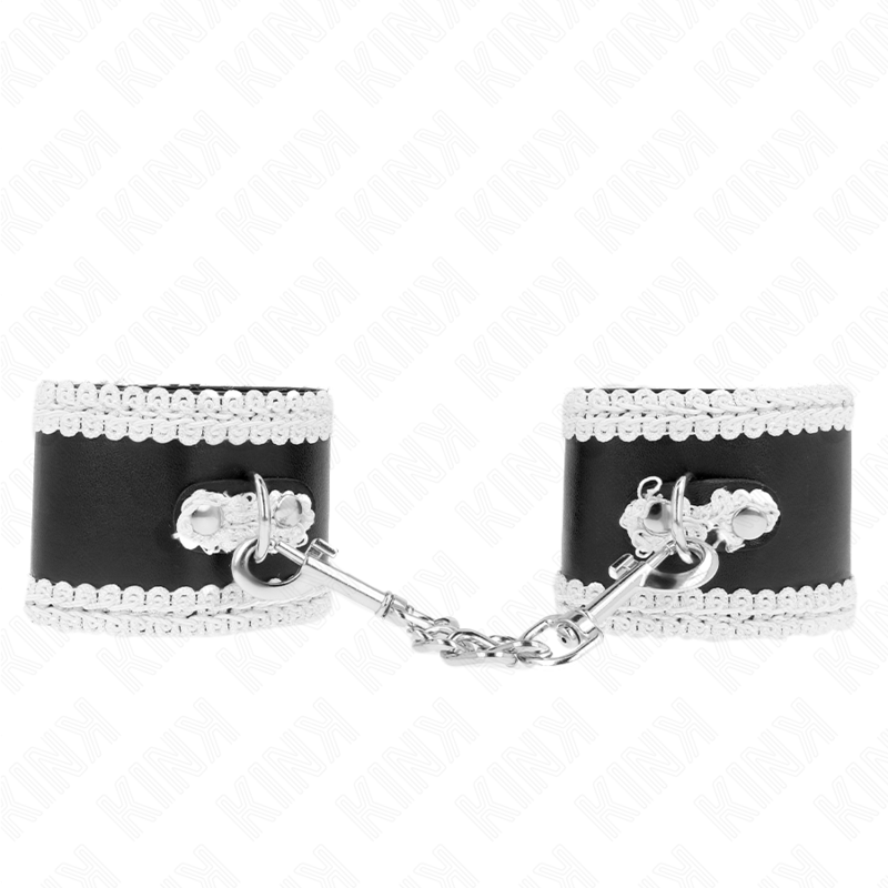 Menottes Poignets BDSM Cuir Noir Dentelle Blanc Réglables - Kink
