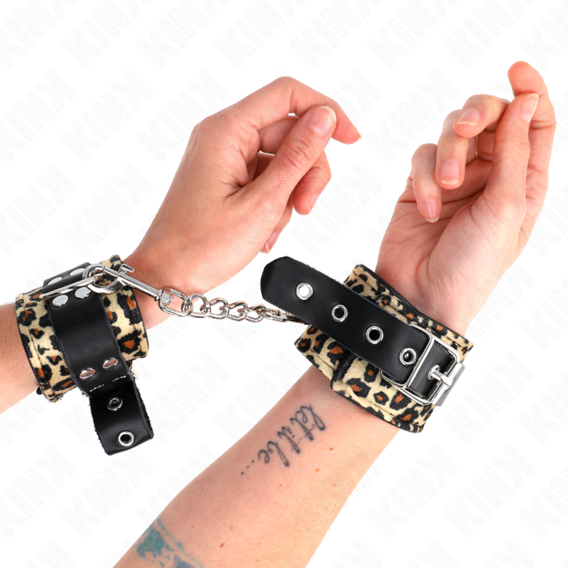 Menottes Poignets BDSM Cuir Véritable Léopard Réglables 18-29 cm - Kink