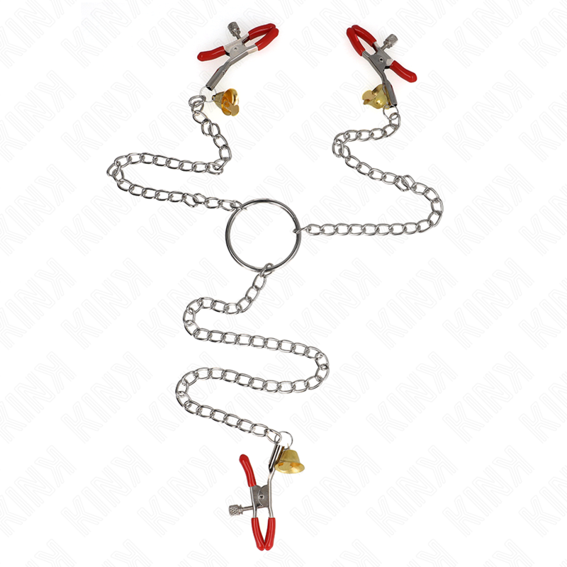 Pinces à Tétons et Clito Bell Triple avec Clochettes et Chaîne 30 cm - Kink