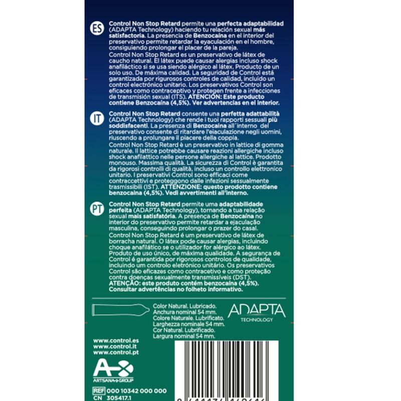 Préservatifs Retardants Non Stop Latex Benzocaïne Boîte de 12 - Control