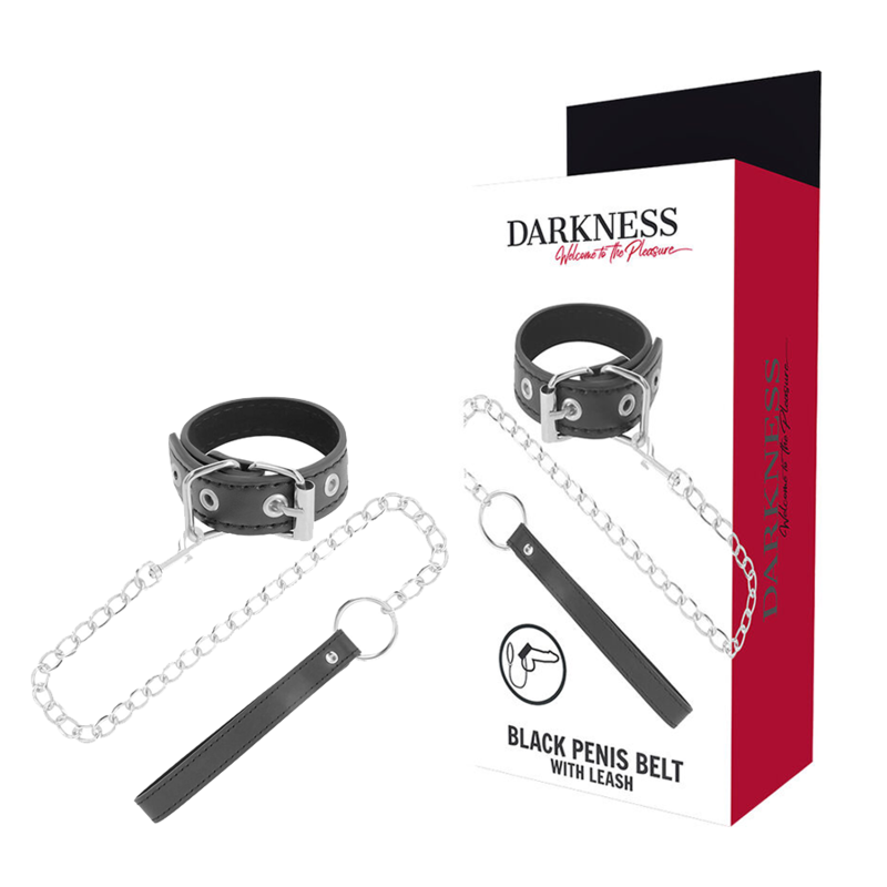 Sangle à Pénis BDSM Cuir Vegan avec Laisse Métal Sans Nickel - Darkness