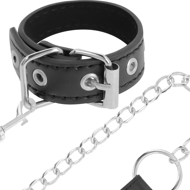 Sangle à Pénis BDSM Cuir Vegan avec Laisse Métal Sans Nickel - Darkness